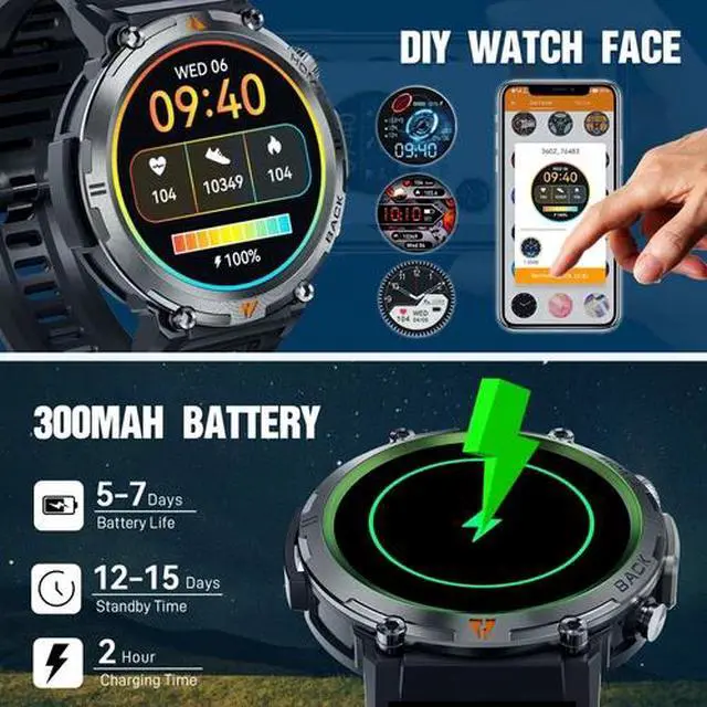 Alt view image 7 of 7 - Smart Watch Bluetooth 1.45 Inch Black Rugged Case with Black Polyurethane Sport