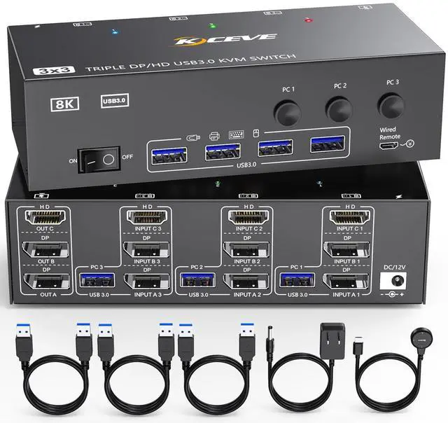 Main image of KVM Switch 3 Monitors 3 Computers HDMI + DisplayPort, 8K USB 3.0 DP KVM Switcher, 8K@30Hz/4k@144Hz Triple Monitor DP KVM for 3 PC Share 3 Display and 4 USB 3.0 Devices