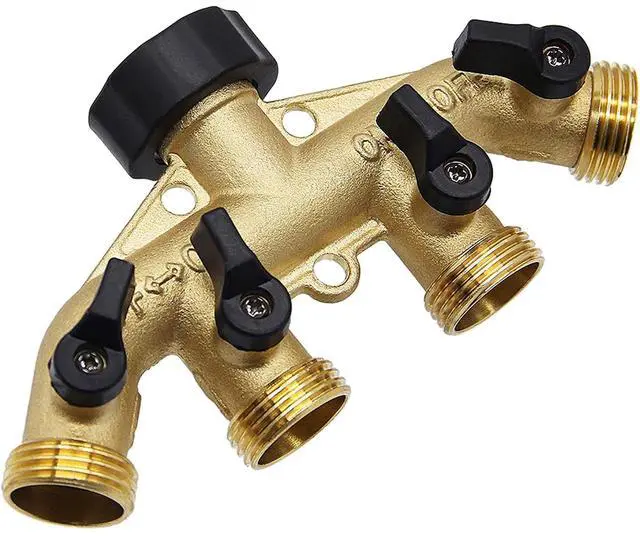 Main image of 4 Way Brass Hose Splitter Solid Brass Hose Connector 3/4" Hose Spigot Adapter Garden Hose Faucet Manifold with 4 Valves