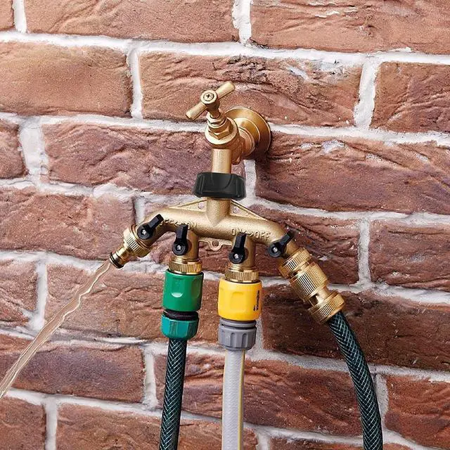 Alt view image 4 of 7 - 4 Way Brass Hose Splitter Solid Brass Hose Connector 3/4" Hose Spigot Adapter Garden Hose Faucet Manifold with 4 Valves