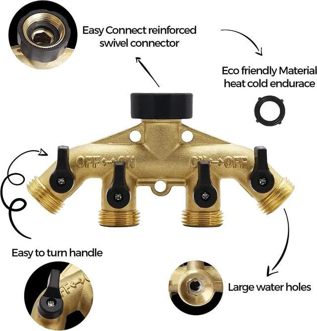 Alt view image 5 of 7 - 4 Way Brass Hose Splitter Solid Brass Hose Connector 3/4" Hose Spigot Adapter Garden Hose Faucet Manifold with 4 Valves