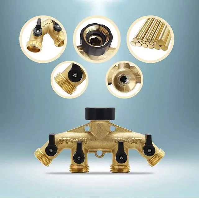 Alt view image 6 of 7 - 4 Way Brass Hose Splitter Solid Brass Hose Connector 3/4" Hose Spigot Adapter Garden Hose Faucet Manifold with 4 Valves
