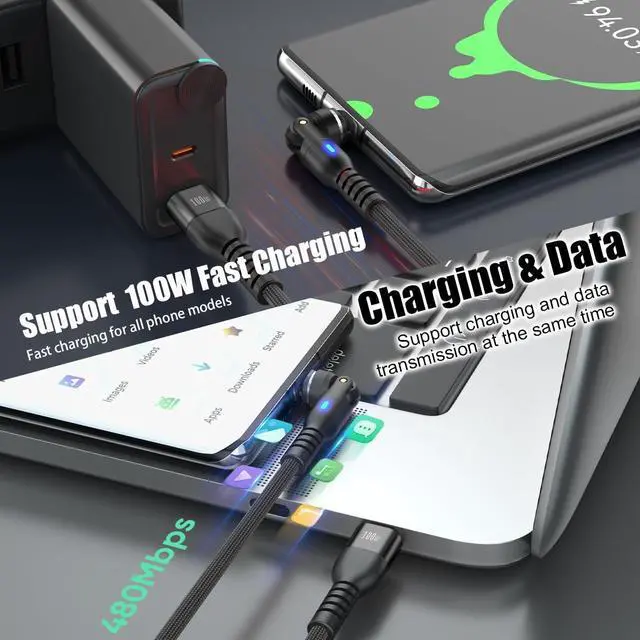 Alt view image 10 of 14 - Magnetic USB C Charging Cable PD 100W 1 Pack 6FT, Magnetic Phone Charger Fast Charging 90 Degree Right Angle 180 & 360 Rotation 9 PIN 480Mbps Data Transfer Magnet Cord for Type C(Black)