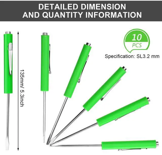 Alt view image 2 of 7 - 10 Pieces Pocket Screwdriver Mini Tops and Pocket Clips Magnetic Slotted Small Screw Driver with a Single Blade Head for Mechanical, Electrician(Green)