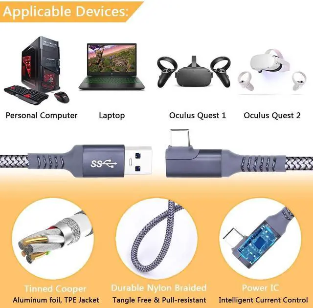 Alt view image 6 of 7 - 10ft / 3M Nylon Braided VR Link Cable for Oculus Quest 2 and PC/Steam VR Quest VR Headset, Right-Angled 90 Degree USB A to USB C 5Gbps High Speed Data Transfer Charging Cord for Gaming PC ( A to C 6M)