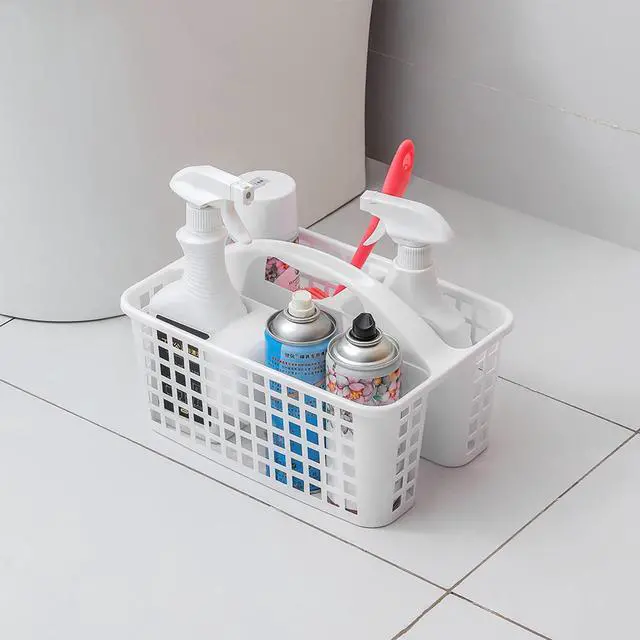 Alt view image 3 of 7 - Portable Shower Caddy Basket with Compartments Cleaning Supplies Organizer with Handle Plastic Storage Divided Tool Bin for Bathroom, Bedroom, Kitchen, College Dorm, Garden, Under Sink, White