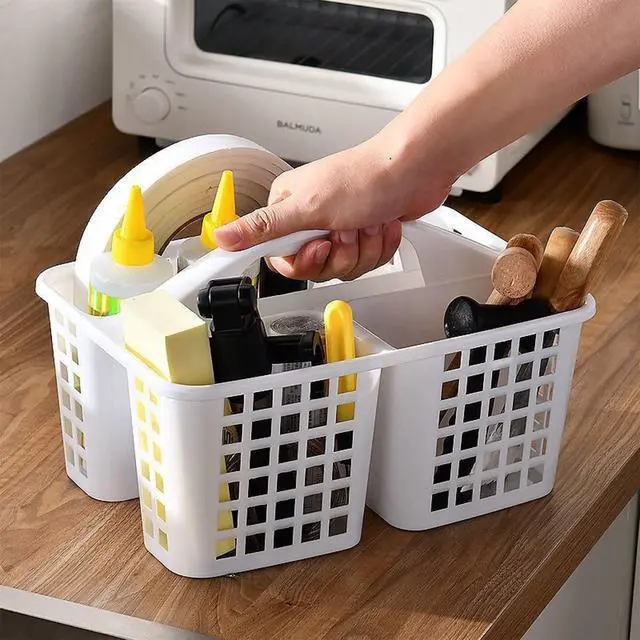 Alt view image 7 of 7 - Portable Shower Caddy Basket with Compartments Cleaning Supplies Organizer with Handle Plastic Storage Divided Tool Bin for Bathroom, Bedroom, Kitchen, College Dorm, Garden, Under Sink, White