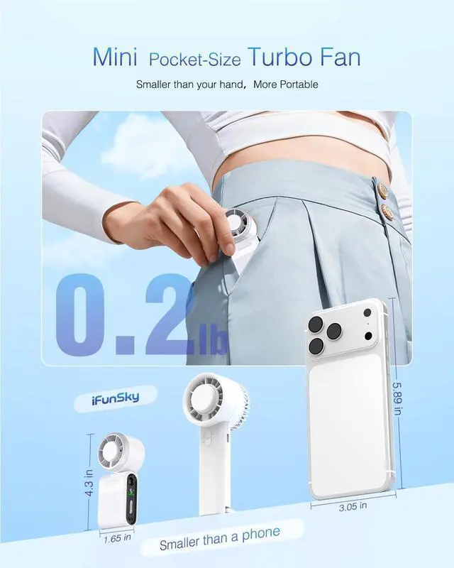 Alt view image 7 of 7 - Mini Portable Handheld Turbo Fan Small but Mighty, Whisper-Quiet, Long-Lasting, 5-Speed High-Velocity Rechargeable battery Fan, Personal Fan for Outdoor, Travel, Gifts for Women & Men(White)