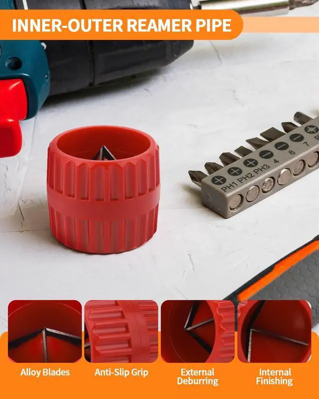 Alt view image 4 of 7 - 1/4'' - 1'' Depth Gauge with Pipe Deburring Tool Kit, 1/8'' to 1-5/8'' Inner Outer Reamer Pipe Deburring Tubing Chamfer Tool for PVC, PPR, Brass, CPVC, PERT, Aluminum Pipes