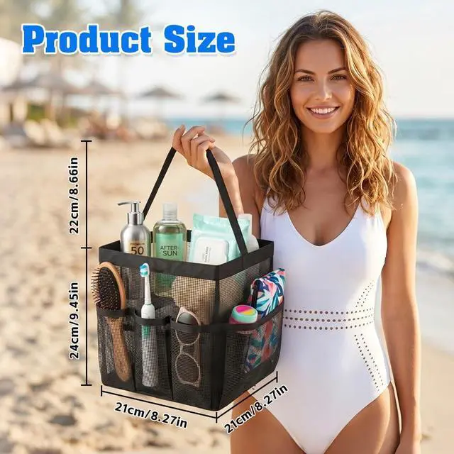 Alt view image 3 of 7 - Mesh Shower Caddy, Beach Tote Bag Portable for College Dorm Room Essentials Large Capacity Shower Caddy Dorm Bag with 9-Pockets Quick-Dry Toiletry Organizer for Gym Beach Camping Travel Bathroom Black