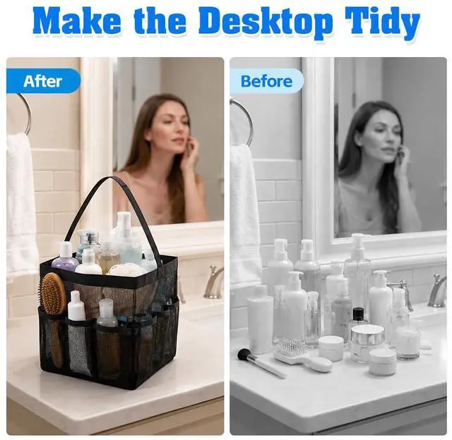 Alt view image 5 of 7 - Mesh Shower Caddy, Beach Tote Bag Portable for College Dorm Room Essentials Large Capacity Shower Caddy Dorm Bag with 9-Pockets Quick-Dry Toiletry Organizer for Gym Beach Camping Travel Bathroom Black
