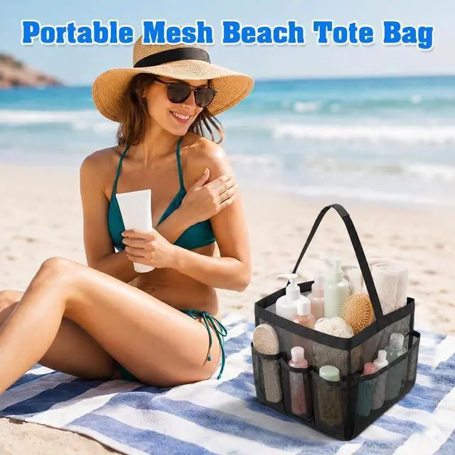 Alt view image 6 of 7 - Mesh Shower Caddy, Beach Tote Bag Portable for College Dorm Room Essentials Large Capacity Shower Caddy Dorm Bag with 9-Pockets Quick-Dry Toiletry Organizer for Gym Beach Camping Travel Bathroom Black