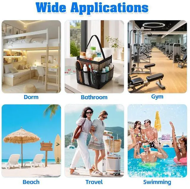 Alt view image 7 of 7 - Mesh Shower Caddy, Beach Tote Bag Portable for College Dorm Room Essentials Large Capacity Shower Caddy Dorm Bag with 9-Pockets Quick-Dry Toiletry Organizer for Gym Beach Camping Travel Bathroom Black