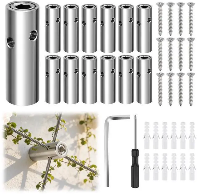 Main image of 12PCS Wire Garden Trellis Kit, T316 Stainless Steel Cylindrical Standoffs for 5/64"-1/8" Wire Rope & Rods, Wall Wire Trellis System for Climbing Plants DIY Outdoor Garden Vine Flower Wall