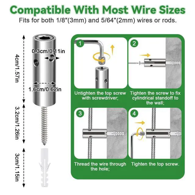 Alt view image 2 of 7 - 12PCS Wire Garden Trellis Kit, T316 Stainless Steel Cylindrical Standoffs for 5/64"-1/8" Wire Rope & Rods, Wall Wire Trellis System for Climbing Plants DIY Outdoor Garden Vine Flower Wall
