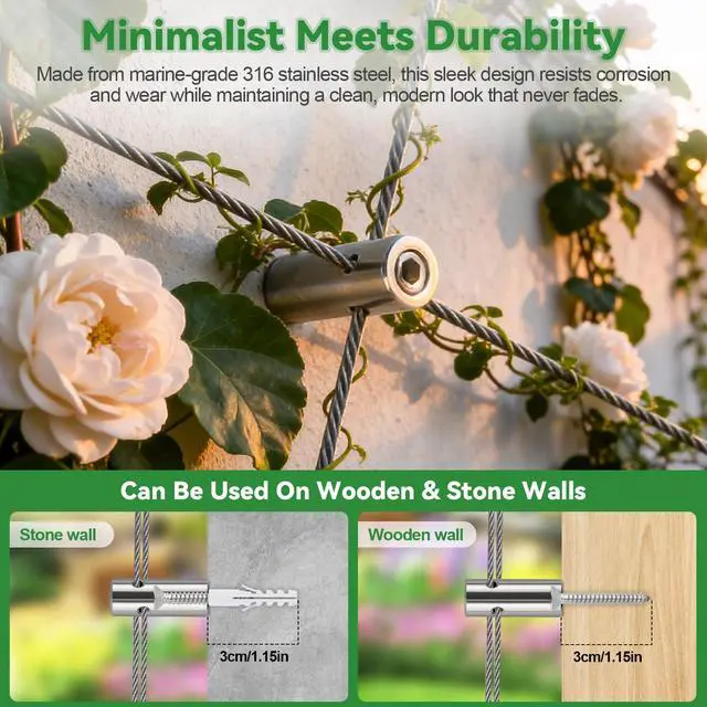 Alt view image 5 of 7 - 12PCS Wire Garden Trellis Kit, T316 Stainless Steel Cylindrical Standoffs for 5/64"-1/8" Wire Rope & Rods, Wall Wire Trellis System for Climbing Plants DIY Outdoor Garden Vine Flower Wall