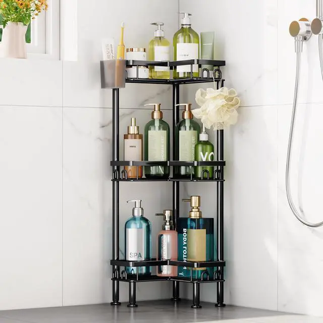 Main image of Standing Shower Caddy Corner - 3 Tier Corner Shower Organizer with Toothbrush Holder and 12 Hooks, Large Capacity Rustproof Bathroom Shelves for Tall Bottles, Black