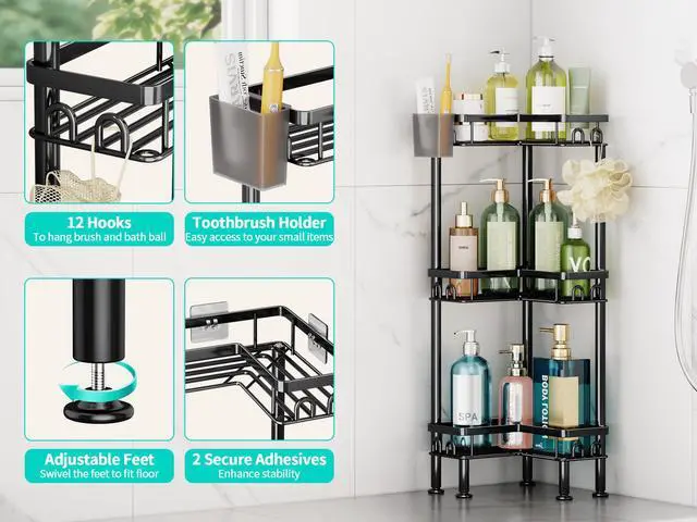 Alt view image 2 of 7 - Standing Shower Caddy Corner - 3 Tier Corner Shower Organizer with Toothbrush Holder and 12 Hooks, Large Capacity Rustproof Bathroom Shelves for Tall Bottles, Black