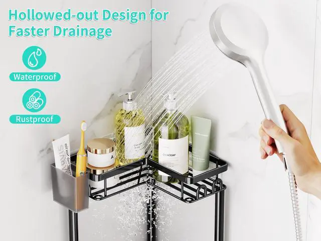 Alt view image 3 of 7 - Standing Shower Caddy Corner - 3 Tier Corner Shower Organizer with Toothbrush Holder and 12 Hooks, Large Capacity Rustproof Bathroom Shelves for Tall Bottles, Black