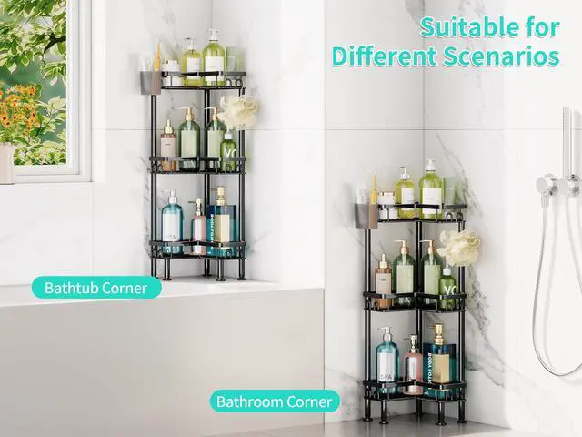 Alt view image 4 of 7 - Standing Shower Caddy Corner - 3 Tier Corner Shower Organizer with Toothbrush Holder and 12 Hooks, Large Capacity Rustproof Bathroom Shelves for Tall Bottles, Black