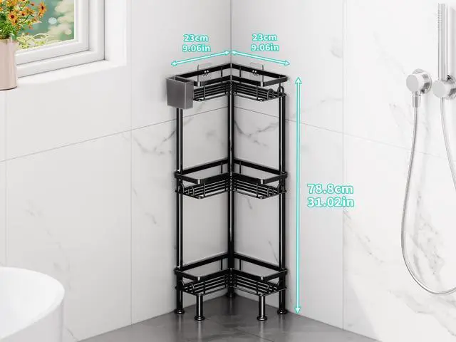 Alt view image 5 of 7 - Standing Shower Caddy Corner - 3 Tier Corner Shower Organizer with Toothbrush Holder and 12 Hooks, Large Capacity Rustproof Bathroom Shelves for Tall Bottles, Black