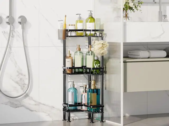 Alt view image 6 of 7 - Standing Shower Caddy Corner - 3 Tier Corner Shower Organizer with Toothbrush Holder and 12 Hooks, Large Capacity Rustproof Bathroom Shelves for Tall Bottles, Black