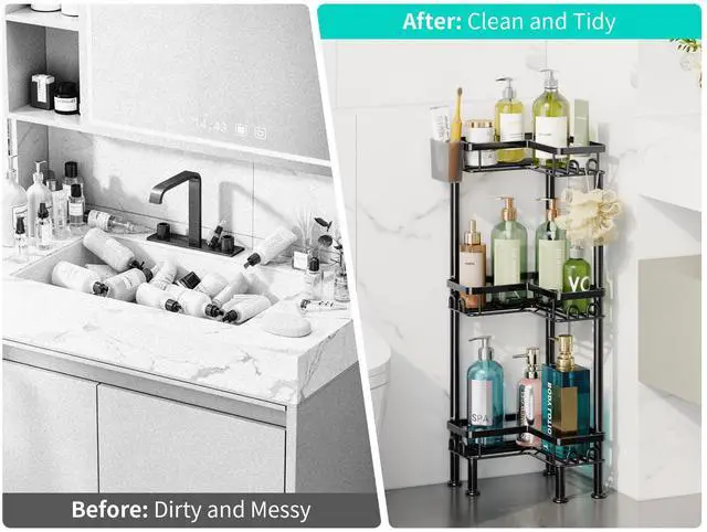 Alt view image 7 of 7 - Standing Shower Caddy Corner - 3 Tier Corner Shower Organizer with Toothbrush Holder and 12 Hooks, Large Capacity Rustproof Bathroom Shelves for Tall Bottles, Black