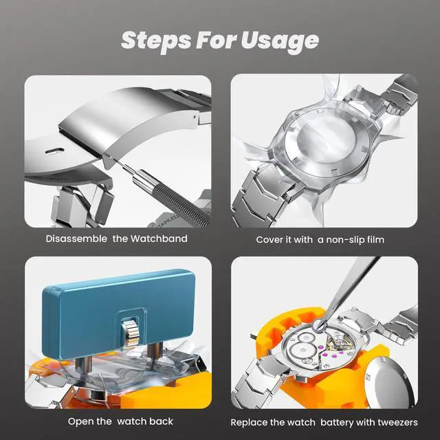 Alt view image 6 of 7 - Watch Battery Replacement Kit, Watch Repair Screwdriver, Watch Band Replacement tool, Watch Wrench Back Remover, Watch Case Opener, Watch Back Remover Holder, Spring bar, Tweezers