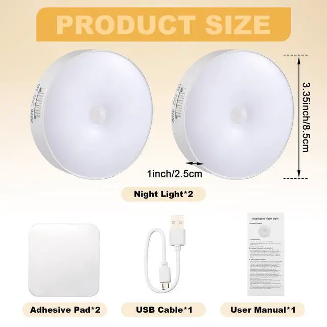Alt view image 2 of 7 - 2 Pcs Magnetic Cruise Ship Motion Sensor Light with USB Cable LED Rechargeable Night Light Battery Nightlight Safe Cordless Nightlight for Cruise Ship Cabin Hallway Bathroom (White & Warm)