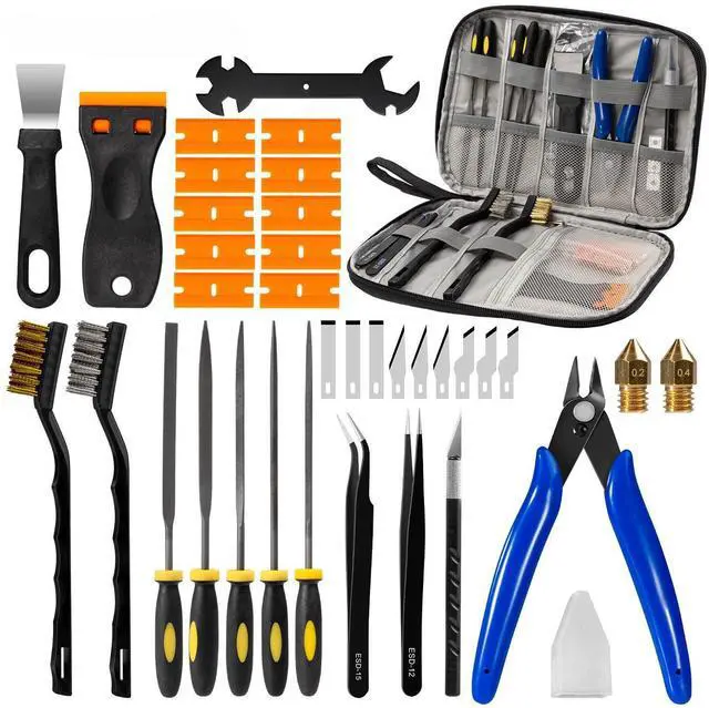 Main image of 46Pcs 3D Printer Tools Kit with Storage Case, 3D Printer Accessories - Deburring Tool, 3D Printer Removing Scrapers, Metal Files, Brushes, Hand Drill, Tweezers, for Bambu Lab, Ender 3, Kobra, etc.