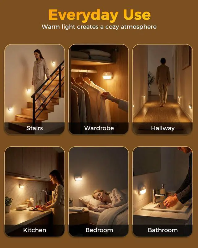 Alt view image 4 of 6 - 6 Pack Rechargeable Motion Sensor Stair Lights, Indoor Hallway Light | Portable Wireless Stick On Night Light, Battery Operated LED Lights for Staircase Closet Cabinet Toilet