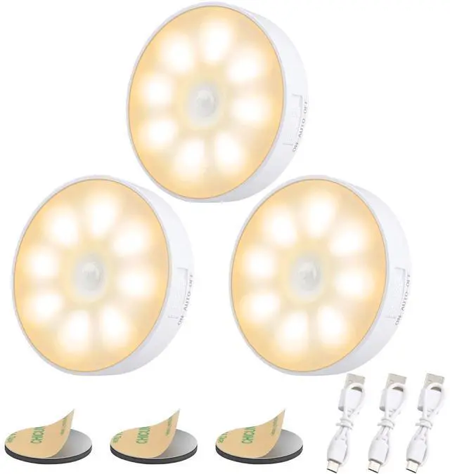 Main image of 3 PCS Motion Sensor Light, Rechargeable Night Light(3000K Warm Yellow) | 8 LEDs, with USB Cable & Magnetic Patch, 3 Modes, Cordless Safe Wall Light for Kitchen, Bookshelves, Drawers