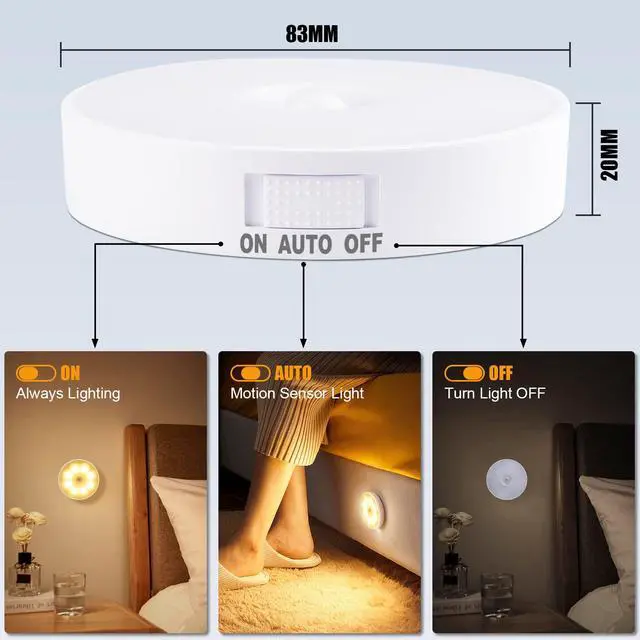 Alt view image 2 of 7 - 3 PCS Motion Sensor Light, Rechargeable Night Light(3000K Warm Yellow) | 8 LEDs, with USB Cable & Magnetic Patch, 3 Modes, Cordless Safe Wall Light for Kitchen, Bookshelves, Drawers
