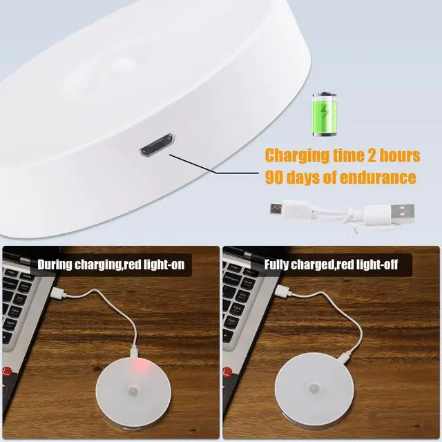 Alt view image 3 of 7 - 3 PCS Motion Sensor Light, Rechargeable Night Light(3000K Warm Yellow) | 8 LEDs, with USB Cable & Magnetic Patch, 3 Modes, Cordless Safe Wall Light for Kitchen, Bookshelves, Drawers