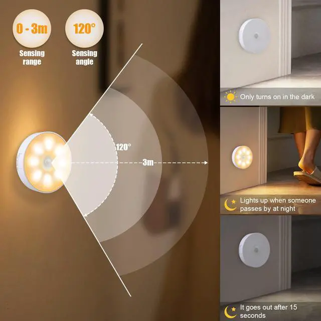Alt view image 5 of 7 - 3 PCS Motion Sensor Light, Rechargeable Night Light(3000K Warm Yellow) | 8 LEDs, with USB Cable & Magnetic Patch, 3 Modes, Cordless Safe Wall Light for Kitchen, Bookshelves, Drawers