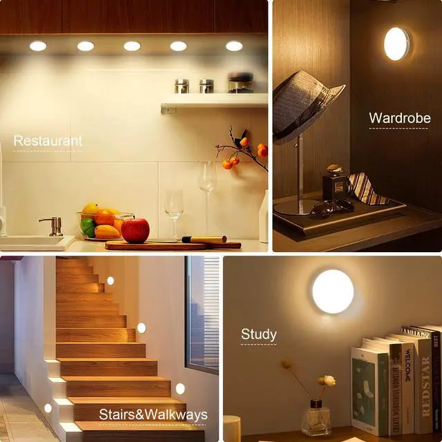 Alt view image 6 of 7 - 3 PCS Motion Sensor Light, Rechargeable Night Light(3000K Warm Yellow) | 8 LEDs, with USB Cable & Magnetic Patch, 3 Modes, Cordless Safe Wall Light for Kitchen, Bookshelves, Drawers