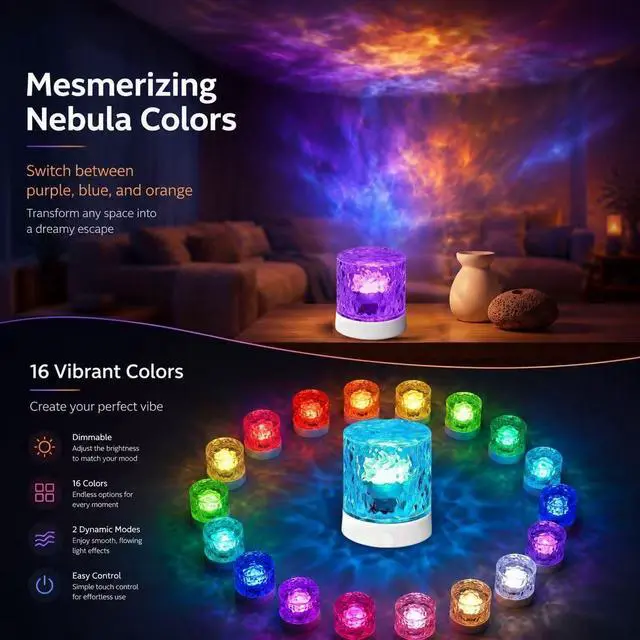 Alt view image 3 of 6 - Rechargeable Northern Aurora Projector Light-Cordless Ocean Wave Lamp | Waterproof Shower Lights,Water Ripple Ceiling Projection Night Light,Ambient Mood Lighting,Galaxy Light for Bedroom