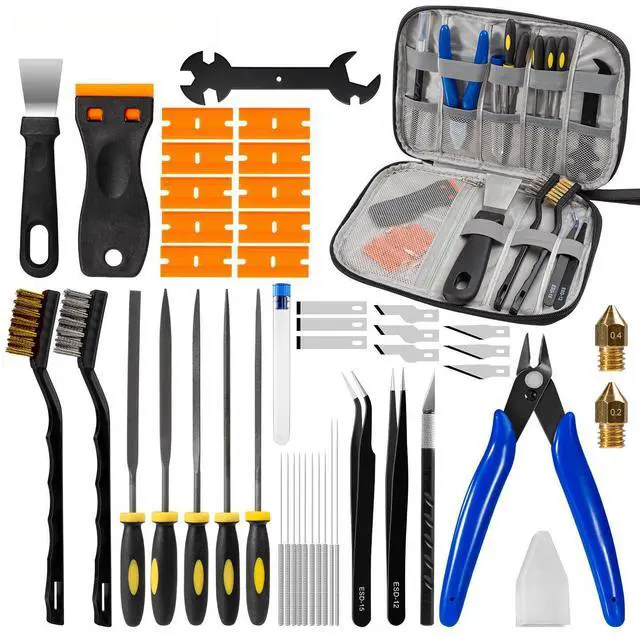 Main image of 46pcs 3D Printer Accessories Tool Kit for All FDM/SLA Printers | All-in-One Nozzle Cleaning Kit, Scrapers, Pliers, Flush Cutters, Files, Tweezers -3D Print Cleaning Deburring & Finishing Set