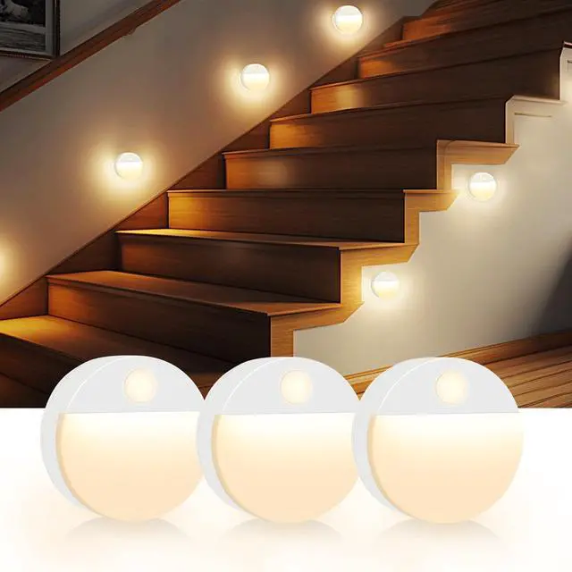 Main image of 3 Pack Motion Sensor Stair Night Lights Indoor | Automatic, Wireless, LED Battery Operated Stick on Lamp for Step Toilet Hallway Bedroom Under Cabinet Closet Wall Kitchen