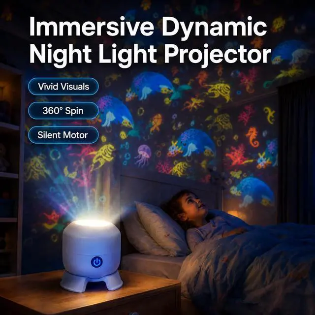 Alt view image 2 of 7 - 5D Ocean Projector Light, 360° Rotating Night Light for Kids Rooms | 90° Wide-Angle Ocean Glow Projection with Adjustable Brightness and USB Power for Bedroom, Movie Nights & Relaxing Ambience