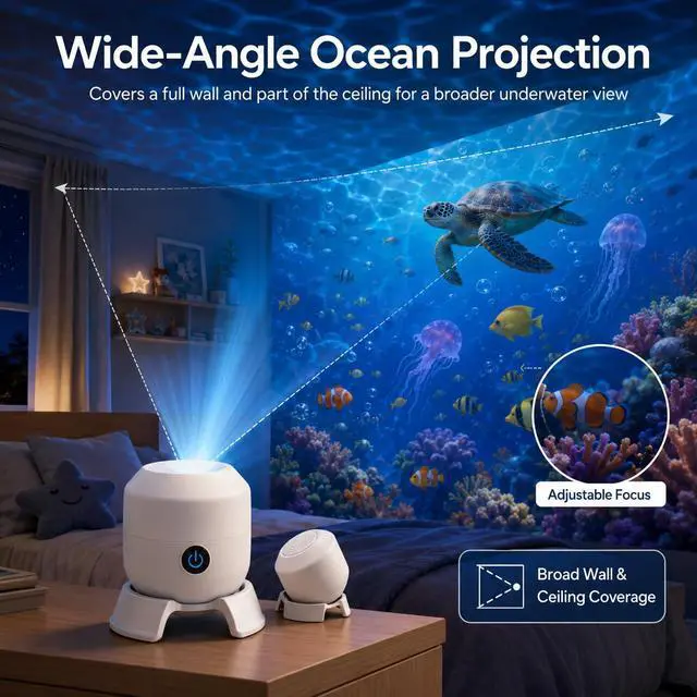 Alt view image 3 of 7 - 5D Ocean Projector Light, 360° Rotating Night Light for Kids Rooms | 90° Wide-Angle Ocean Glow Projection with Adjustable Brightness and USB Power for Bedroom, Movie Nights & Relaxing Ambience