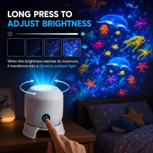 Alt view image 4 of 7 - 5D Ocean Projector Light, 360° Rotating Night Light for Kids Rooms | 90° Wide-Angle Ocean Glow Projection with Adjustable Brightness and USB Power for Bedroom, Movie Nights & Relaxing Ambience