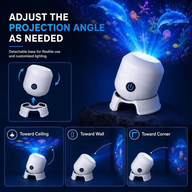 Alt view image 6 of 7 - 5D Ocean Projector Light, 360° Rotating Night Light for Kids Rooms | 90° Wide-Angle Ocean Glow Projection with Adjustable Brightness and USB Power for Bedroom, Movie Nights & Relaxing Ambience