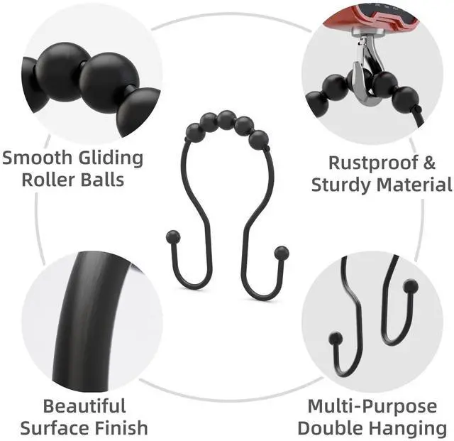 Alt view image 2 of 6 - Shower Curtain Hooks Shower Curtain Rings Black Shower Curtain Hooks RustProof Smooth Metal Double Shower Curtain Hook, Shower Hooks for Shower Curtain Liner Bathroom Shower Rod Hook