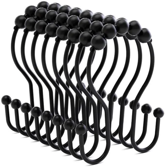 Main image of Shower Curtain Hooks Shower Curtain Rings Black Shower Curtain Hooks RustProof Smooth Metal Double Shower Curtain Hook, Shower Hooks for Shower Curtain Liner Bathroom Shower Rod Hook