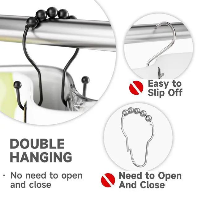 Alt view image 3 of 6 - Shower Curtain Hooks Shower Curtain Rings Black Shower Curtain Hooks RustProof Smooth Metal Double Shower Curtain Hook, Shower Hooks for Shower Curtain Liner Bathroom Shower Rod Hook