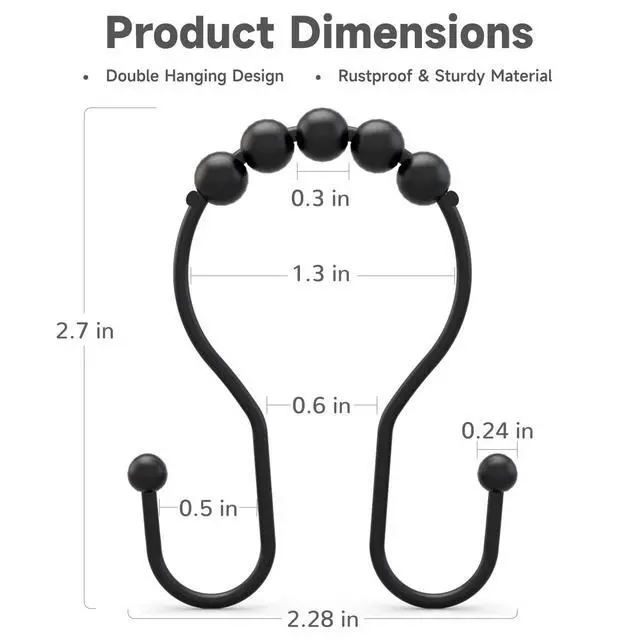 Alt view image 4 of 6 - Shower Curtain Hooks Shower Curtain Rings Black Shower Curtain Hooks RustProof Smooth Metal Double Shower Curtain Hook, Shower Hooks for Shower Curtain Liner Bathroom Shower Rod Hook