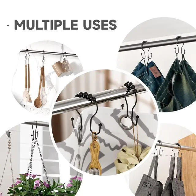 Alt view image 6 of 6 - Shower Curtain Hooks Shower Curtain Rings Black Shower Curtain Hooks RustProof Smooth Metal Double Shower Curtain Hook, Shower Hooks for Shower Curtain Liner Bathroom Shower Rod Hook