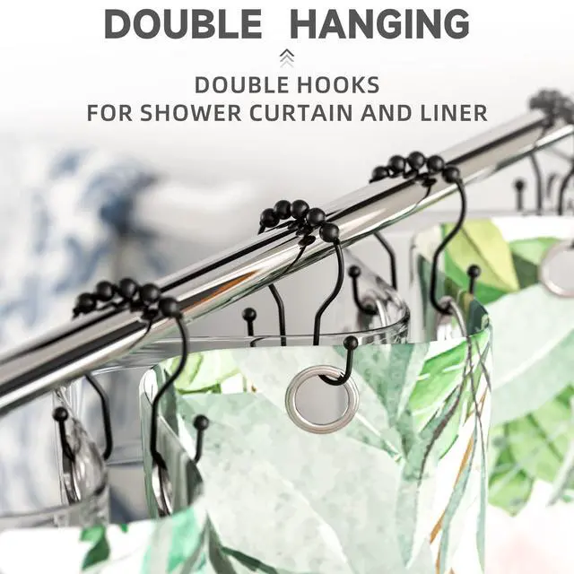 Alt view image 5 of 6 - Shower Curtain Hooks Shower Curtain Rings Black Shower Curtain Hooks RustProof Smooth Metal Double Shower Curtain Hook, Shower Hooks for Shower Curtain Liner Bathroom Shower Rod Hook