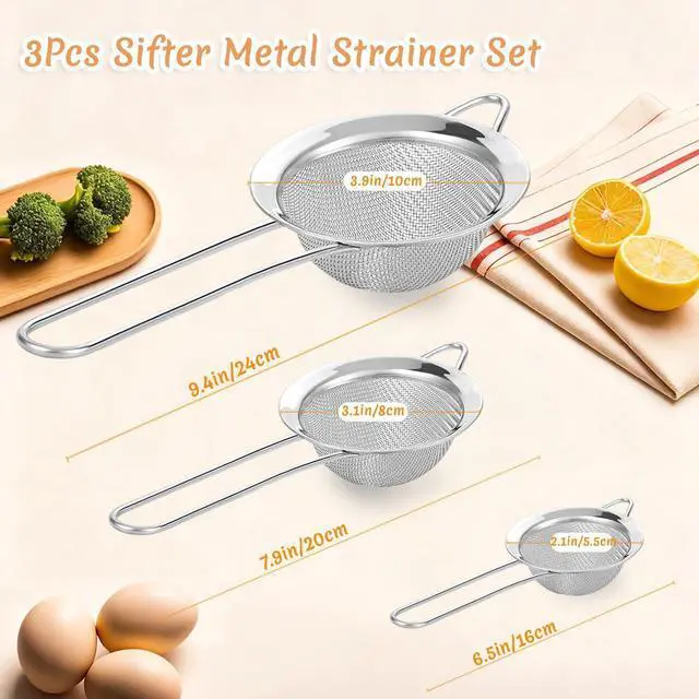 Alt view image 3 of 7 - 3Pcs Fine Mesh Strainer with Handle, Small Sifter Strainers Set, Stainless Steel Sieve Colander for Kitchen Baking Juice Quinoa Food Flour